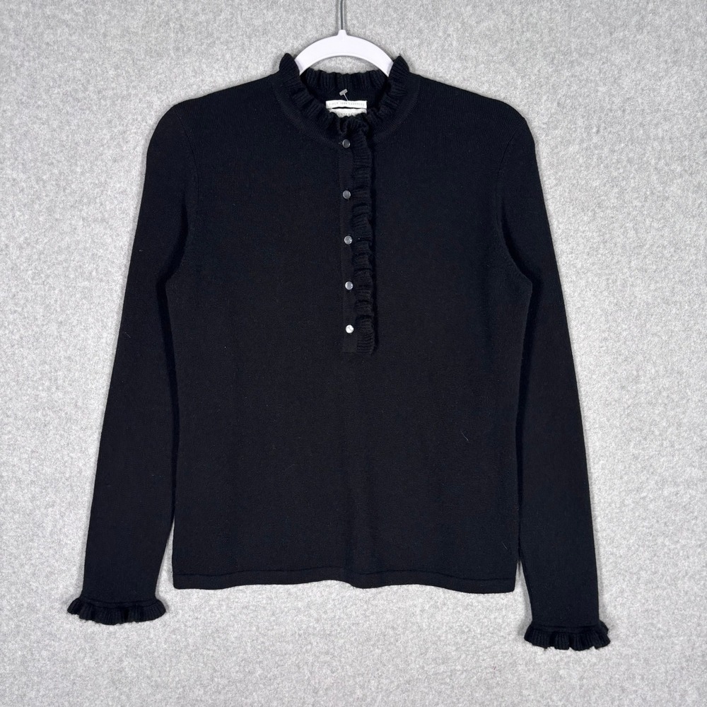 Charter Club 100% Cashmere Sweater‎ Small Black Ruffle Neck Henley Twee Preppy